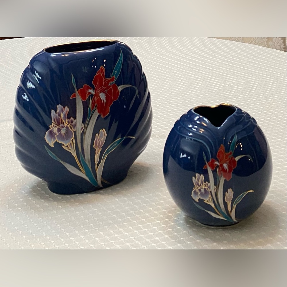 Vintage Fine China Japan Cobalt Blue Ribbed Vases with Iris Flower Motif Set of2